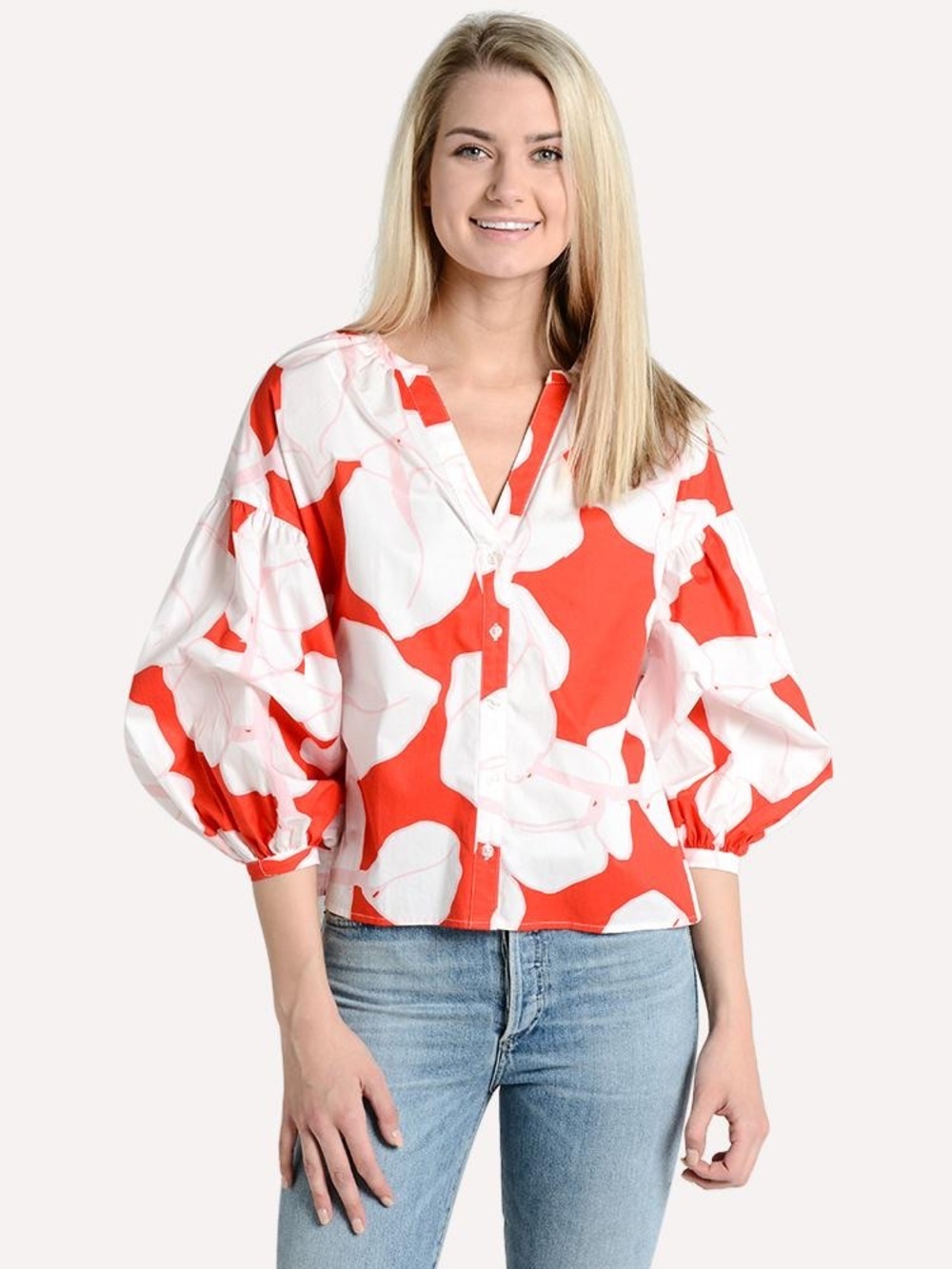 Crosby Poplin Berkeley blouse in red & white with a balloon sleeve SzL